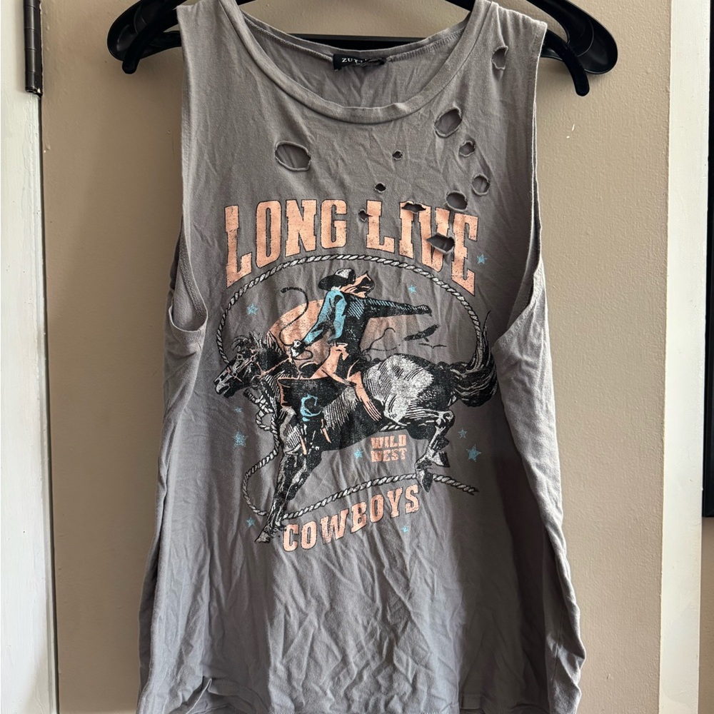 Gray Distressed Sleeveless Graphic Tee